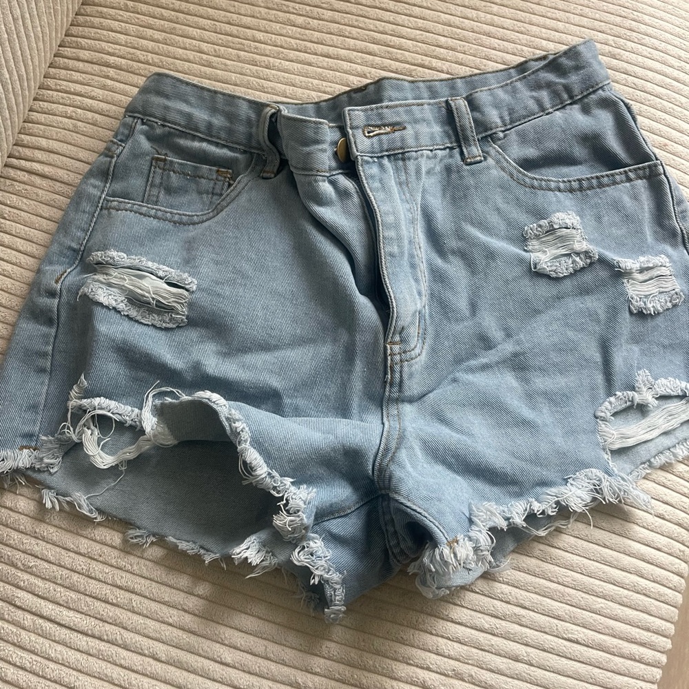 Distressed Light Blue Denim Shorts